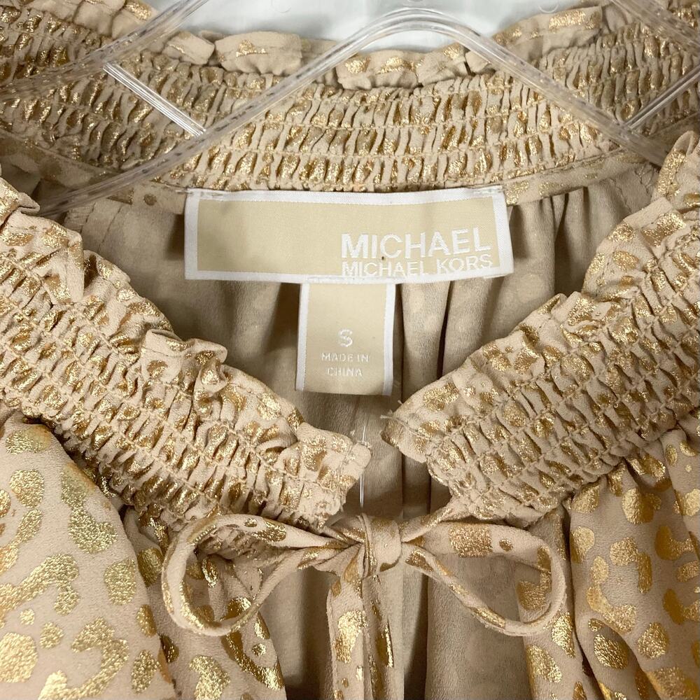 NWT MICHAEL KORS Top S Gold Geo Dots Ruffle Bow-Tie Balloon-Flounce-Long-Sleeve - Picture 3 of 16